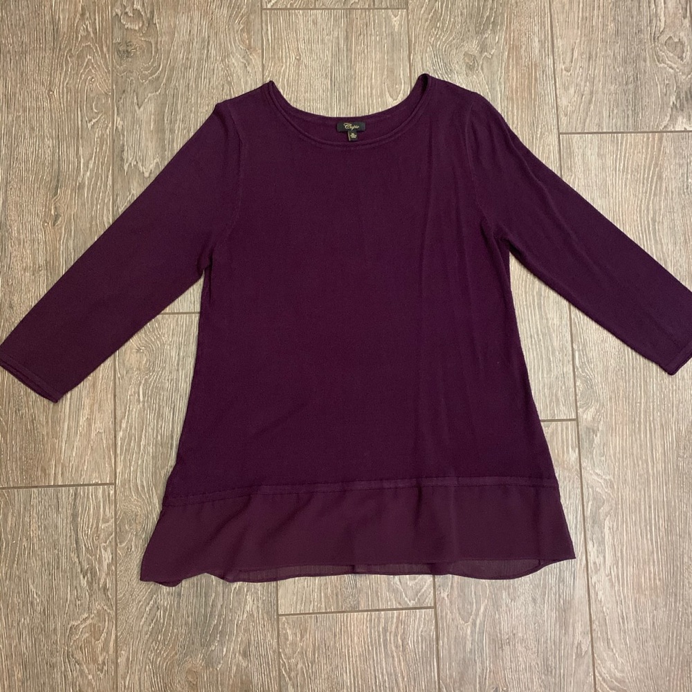Cupio Dark Purple Scoop Neck Sweater w/Mesh Ruffle